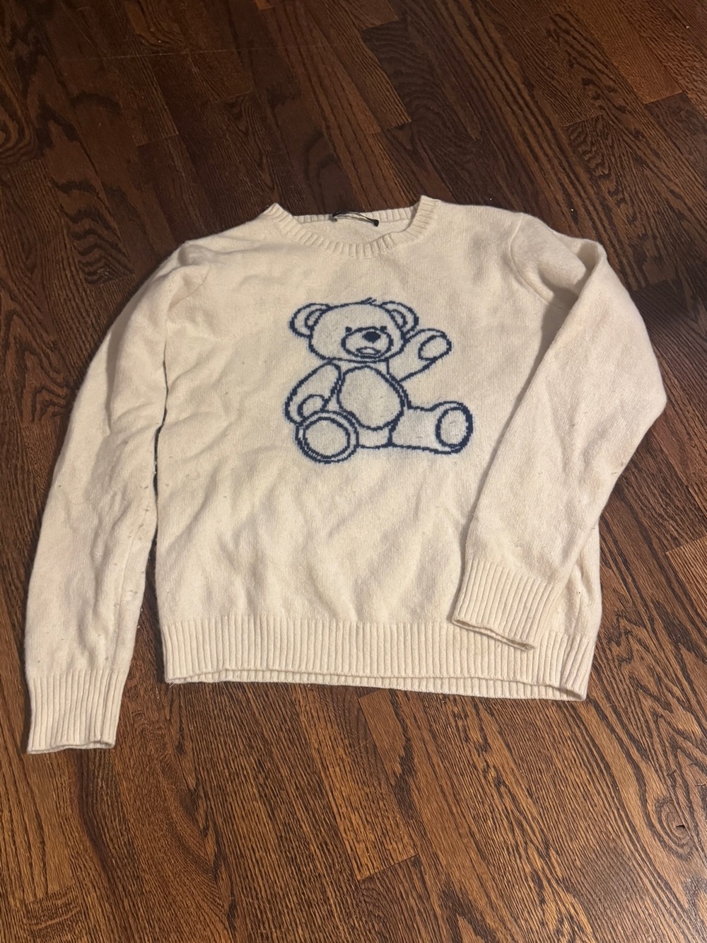 Brandy Melville Cream Sweater with Blue Teddy Bear Graphic